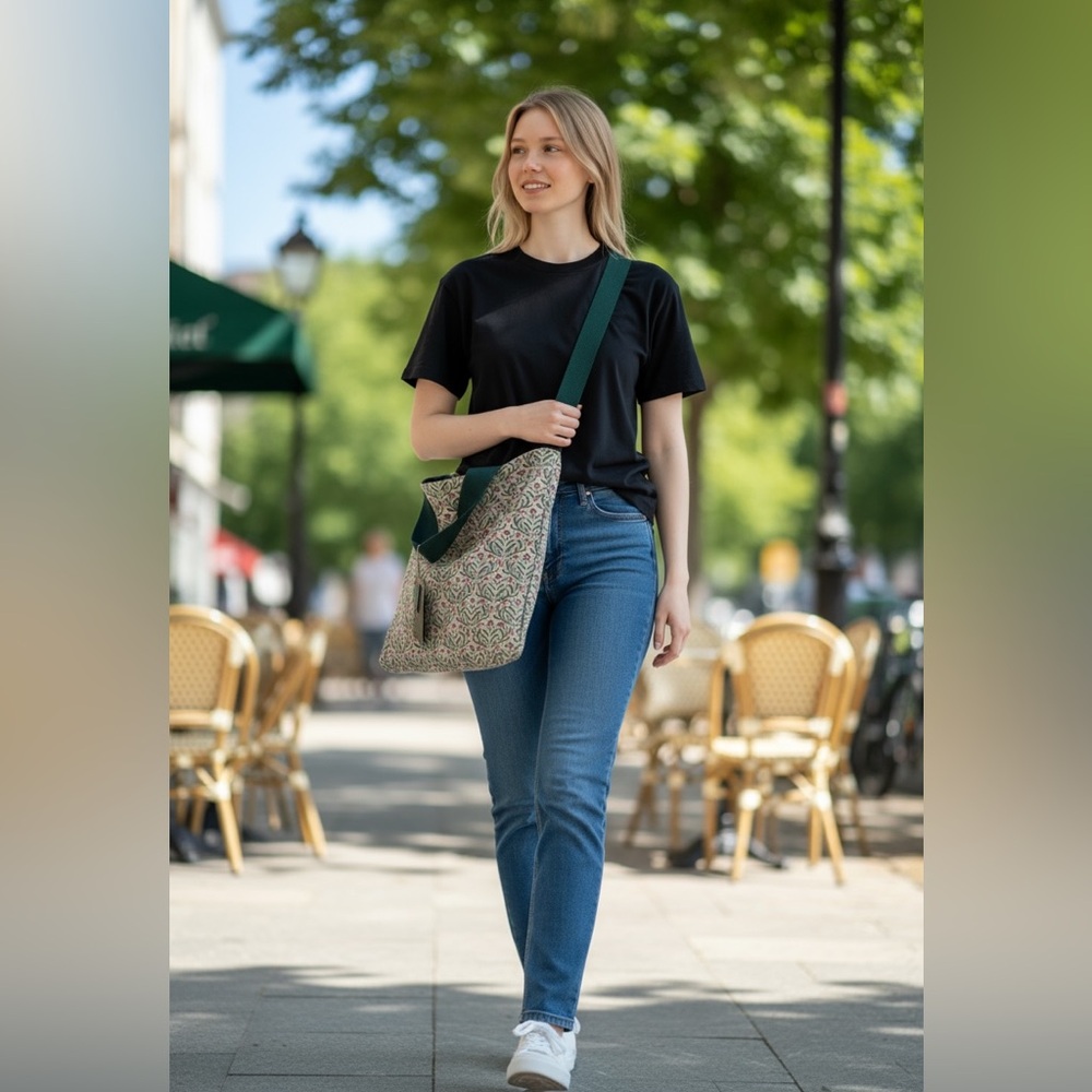 [ DWELL STUDIO] Floral Patterned Tote Bag with Green Accents